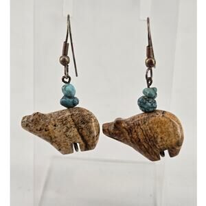 Southwestern Style Natural Stone Fetish Bear Dangle Earrings Wire Hook